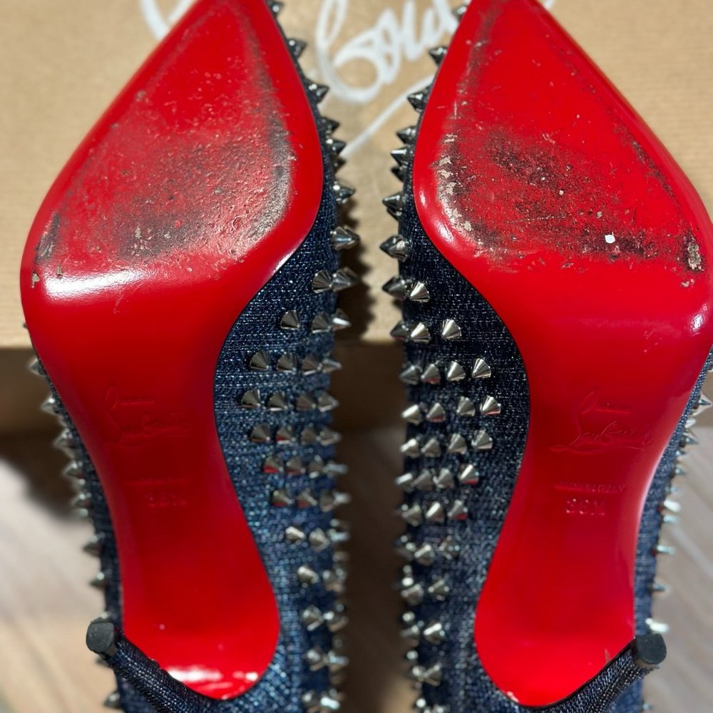 Christian Louboutin Follies Spikes 100 Denim / Silver - Picture 4 of 5